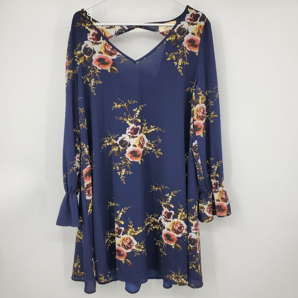 Grace Karin Navy Blue Flower Floral Print Poets Sleeve Long Sleeve Shift Dress X